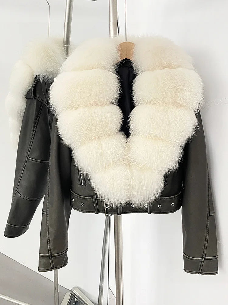 ZMEENNA Women's Faux Leather Moto Jacket with Detachable Faux Fur Collar - Short Warm Winter Coat