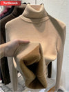 Velvet Lined Turtleneck Sweater Slim Knit Pullover for Women Warm Winter Korean Style