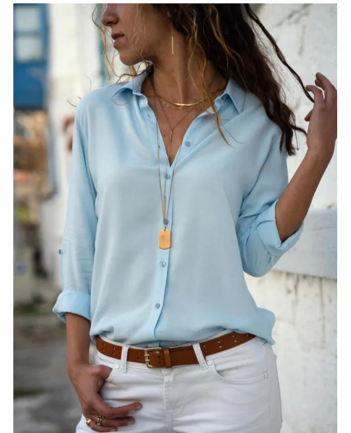 Women's Autumn Polo Collar Blouse - Vintage Loose Button-Up Office Shirt for Office & Streetwear