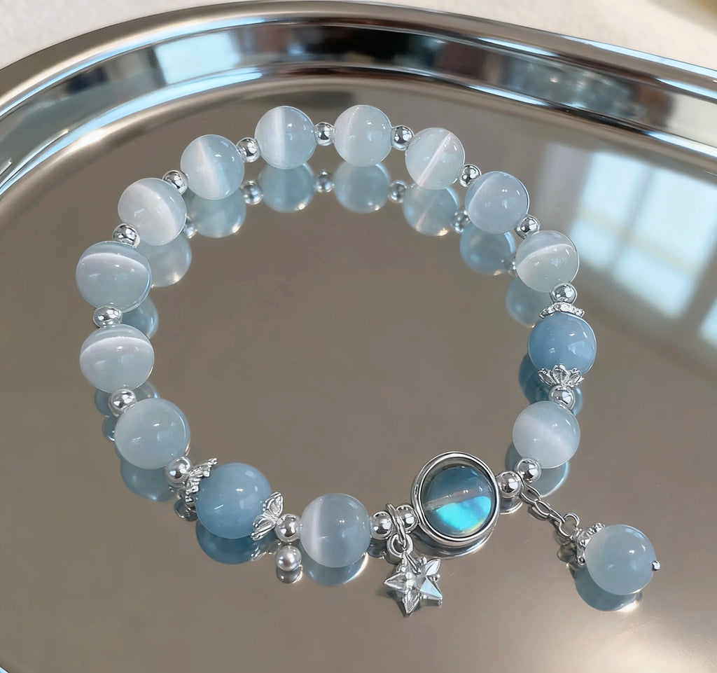 Dreamy Blue Moonstone Cat Eye Pendant Crystal Bead Bracelet – Trendy Party Jewelry Gift for Women