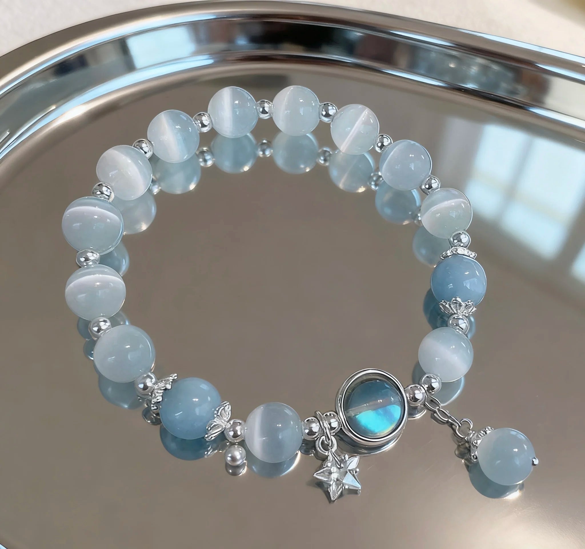 Dreamy Blue Moonstone Cat Eye Pendant Crystal Bead Bracelet – Trendy Party Jewelry Gift for Women