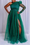 Plus Size One-Shoulder Mesh A-Line Maxi Dress with Split Hem — Floor-Length Wedding Guest & Cocktail Dress