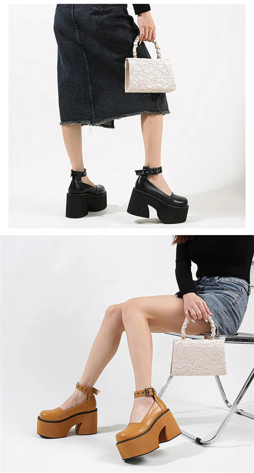 Women's Patent Leather Buckle Loafers – Retro Platform Pumps, 10 cm (3.94 in) Chunky Heel, 4 cm (1.57 in) Platform