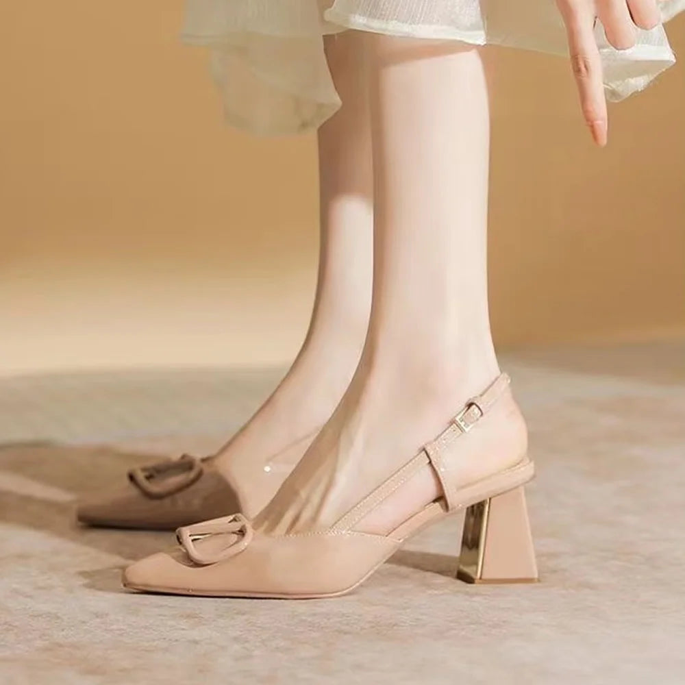 Women’s Pointed Toe Slingback Sandals – Square Mid Heel 5-8 cm (2.0-3.1 in), PU Platform Ankle Strap