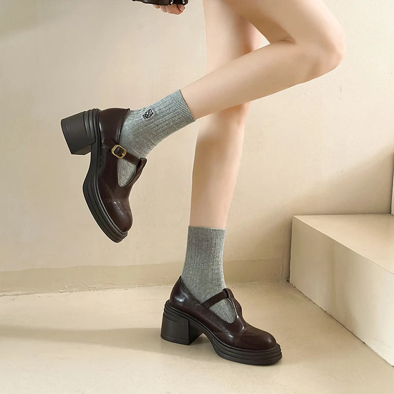 Women's T-Strap Mary Jane Pumps Chunky Square Heel 2–3 in (5–8 cm) Platform PU Round-Toe Buckle