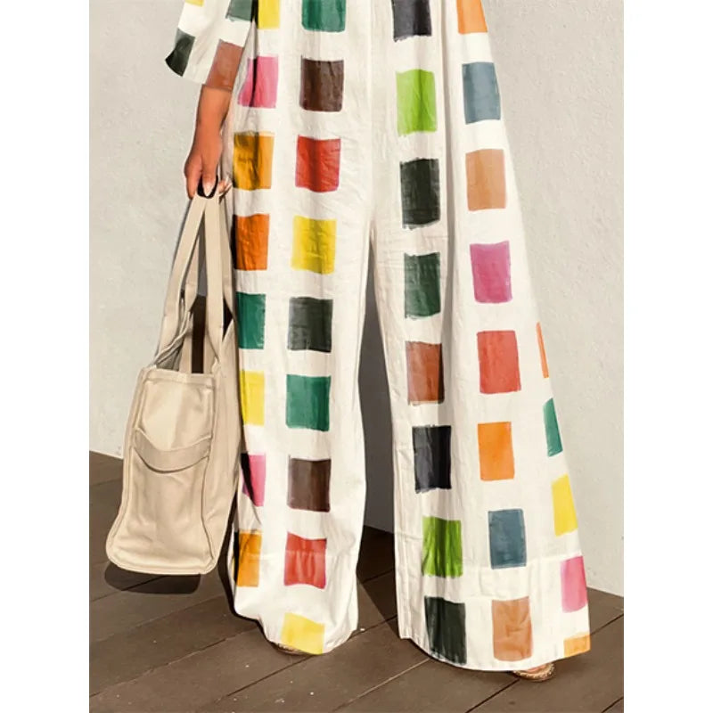 Plaid Contrast Color Plus Size Jumpsuit for Women - Cotton-Linen Wide Leg, Three-Quarter Sleeves (0XL-4XL)