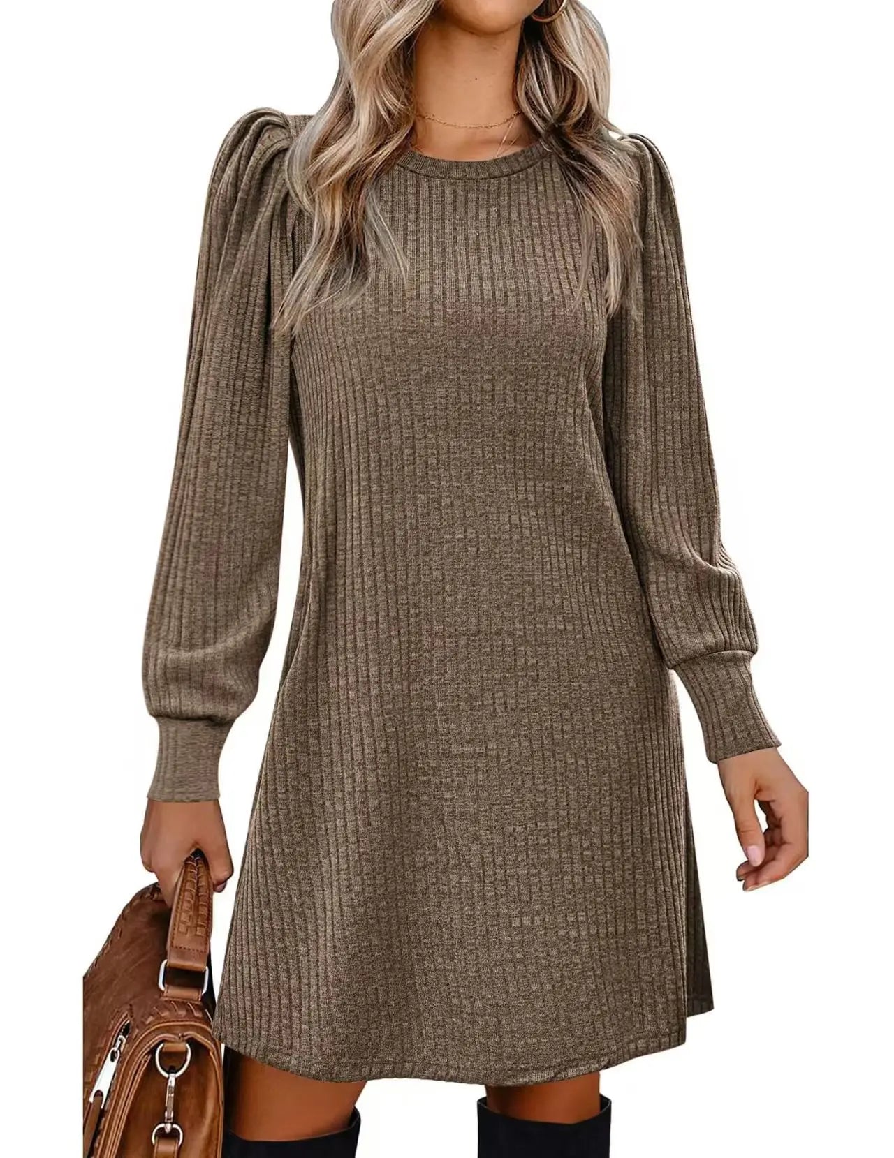 Women's Knit Puff Sleeve A-Line Dress with Pockets, Long Sleeve O-Neck Knee-Length Casual
