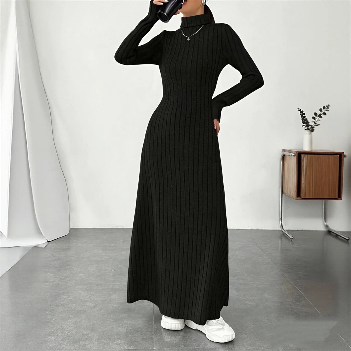 Knitted Turtleneck Long Sleeve Dress for Women - Vintage Slim Ankle-Length Knit, Autumn/Winter Casual Y2K