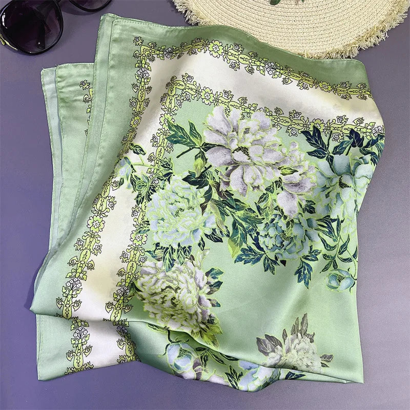 70 x 70 cm (27.6 x 27.6 in) Floral Satin-Look Polyester Square Scarf - Women's Headscarf, Hijab, Hair Band & Wrist Wrap