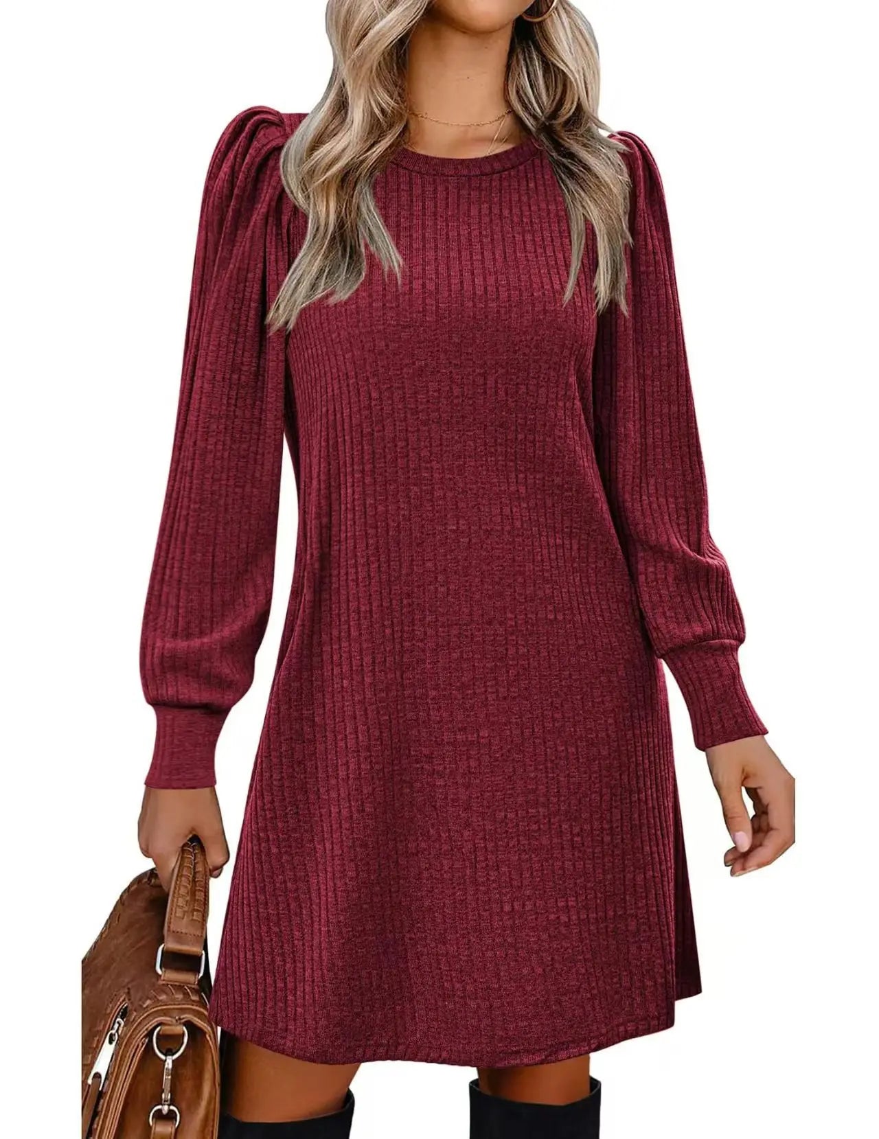 Women's Knit Puff Sleeve A-Line Dress with Pockets, Long Sleeve O-Neck Knee-Length Casual