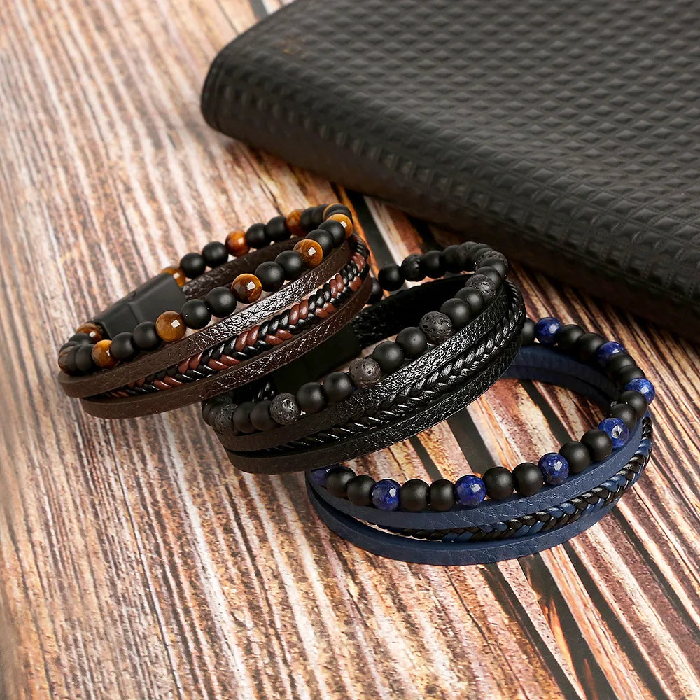 Classic Tiger Eye Beaded Multi-Layer Leather Bracelet for Men — Magnetic Clasp, Punk Style (19/21/23 cm | 7.5/8.3/9.1 in)