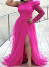 Plus Size One-Shoulder Mesh A-Line Maxi Dress with Split Hem — Floor-Length Wedding Guest & Cocktail Dress