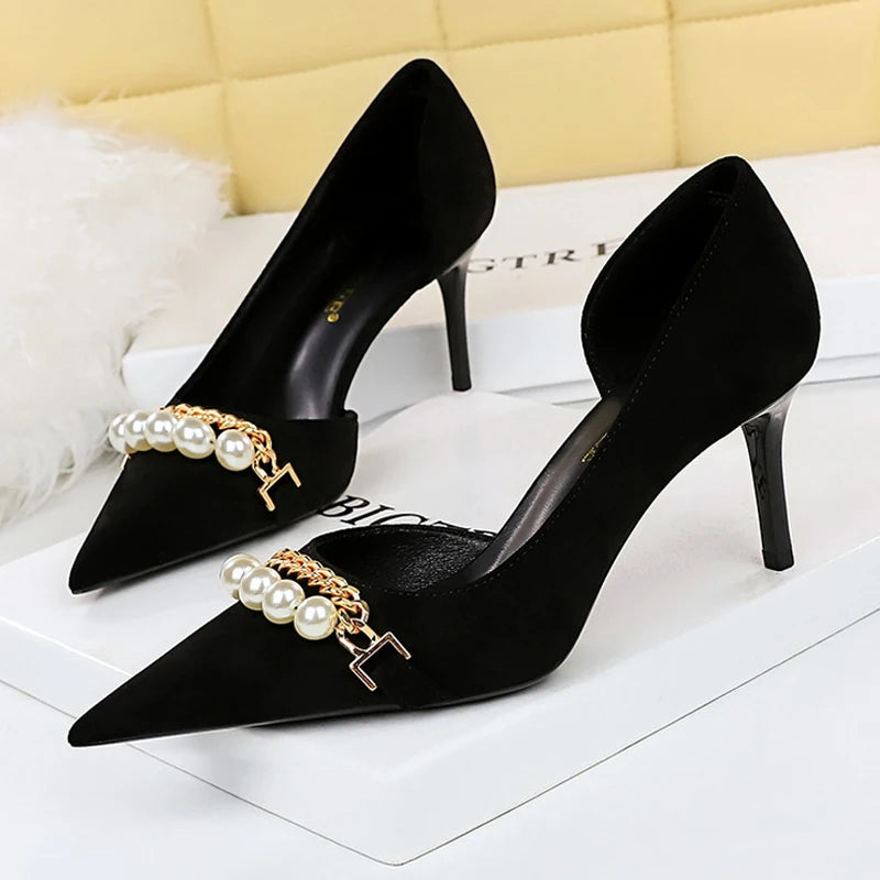 BIGTREE Women's Pearl Chain Stiletto Pumps – Pointed Toe High Heels for Party & Banquet