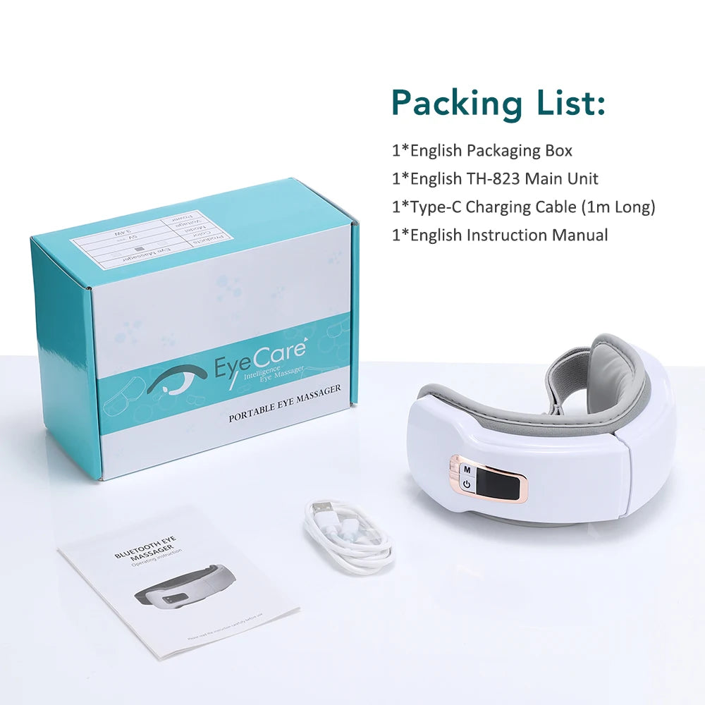 Rechargeable Heated Eye Massager with Bluetooth – 5 Modes Air Pressure & Vibration, Foldable Protein Leather Mask, 1200mAh