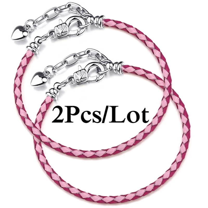 2-Pack Leather Chain Charm Bracelets with Beads – Handmade Couples Pulsera Jewelry (Unisex)