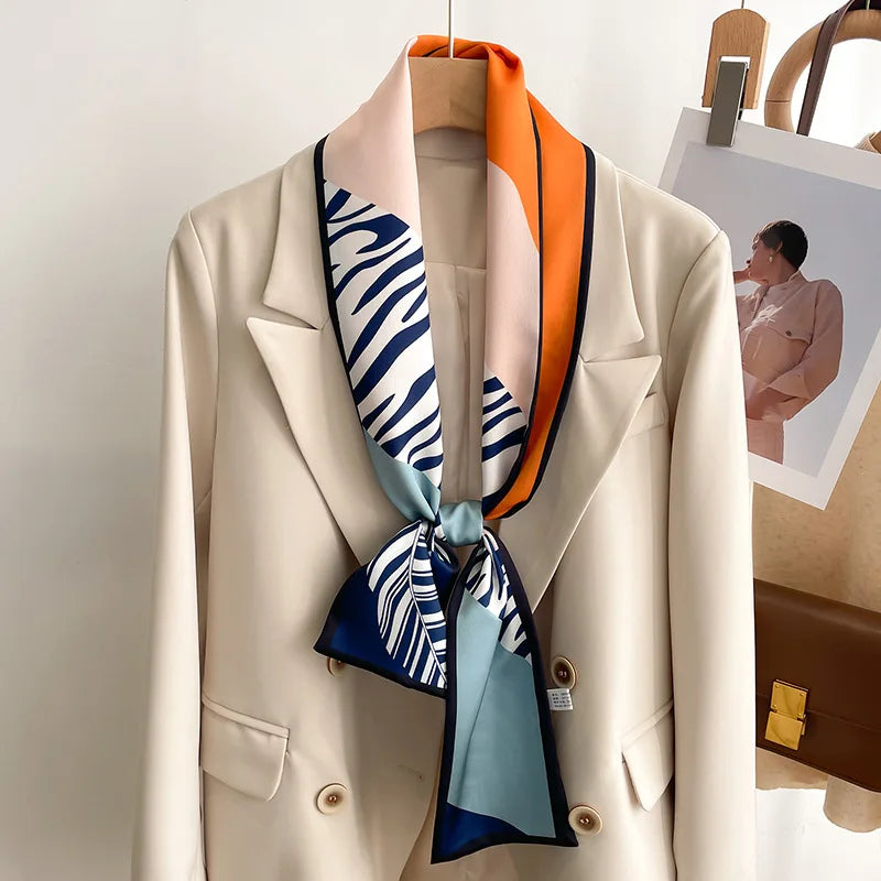 Women's Silk-Feel Printed Long Narrow Scarf 12 x 148 cm (4.7 x 58.3 in) - 50+ Colors | Headband & Shawl