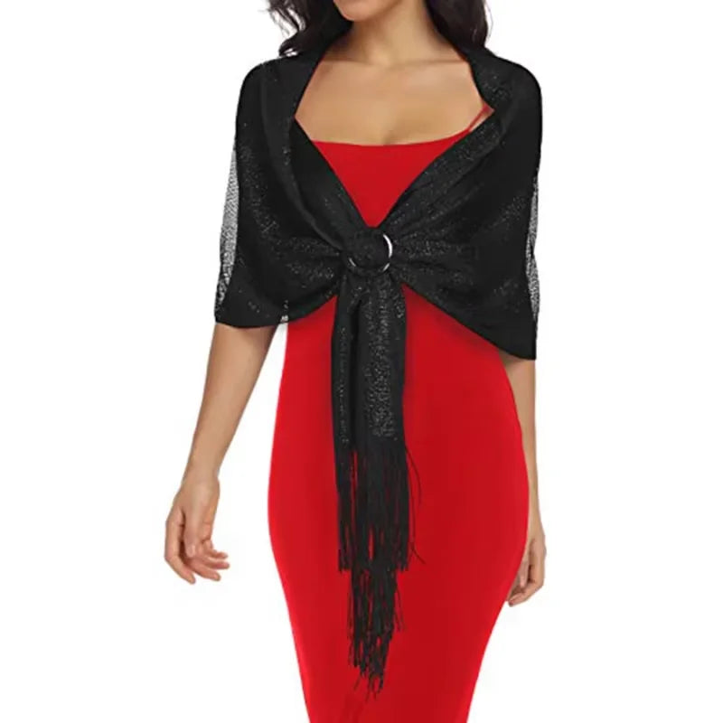 Metallic Scarf with Buckle - Shiny Bridal & Evening Shawl Wrap, Gold or Silver, 75 x 17.7 in (190 × 45 cm)