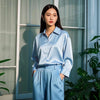 Korean Slim Satin Blouse for Women, Office Casual Long Button Shirt Solid Multicolor