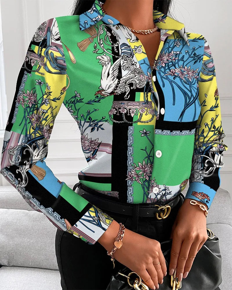 Women's Long Sleeve Turn-Down Collar Blouse - Square Print (Chain, Floral, Letter, Geometric)