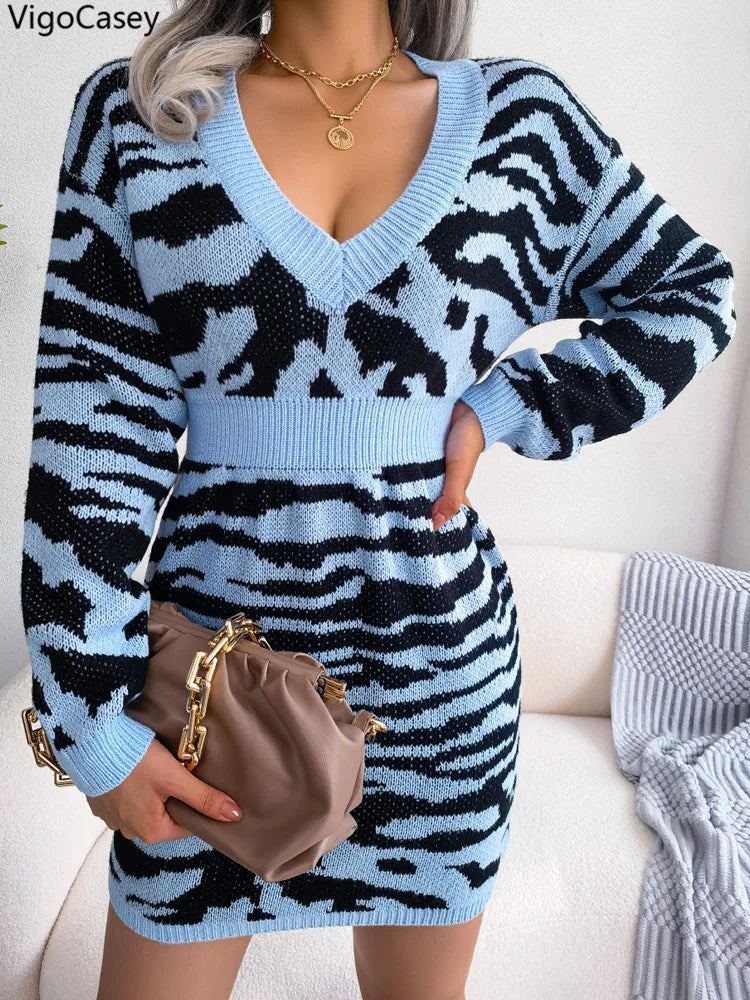 VigoCasey V-Neck Knit Mini Dress for Women – Long Sleeve Autumn/Winter Slim Fit