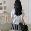 Preppy Women's White Button-Down Shirt - Slim Long Sleeve Tunic Blouse with Lace-Up & Puff Sleeves
