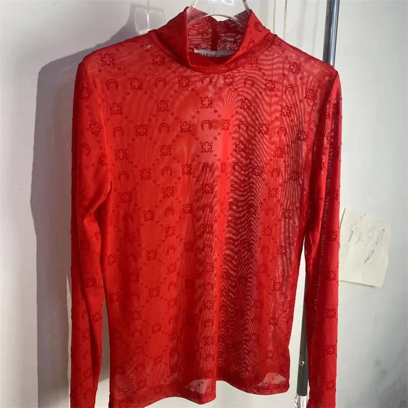 Women's Tulle Mesh Long Sleeve Sheer Blouse Moon Flocked Y2K Top