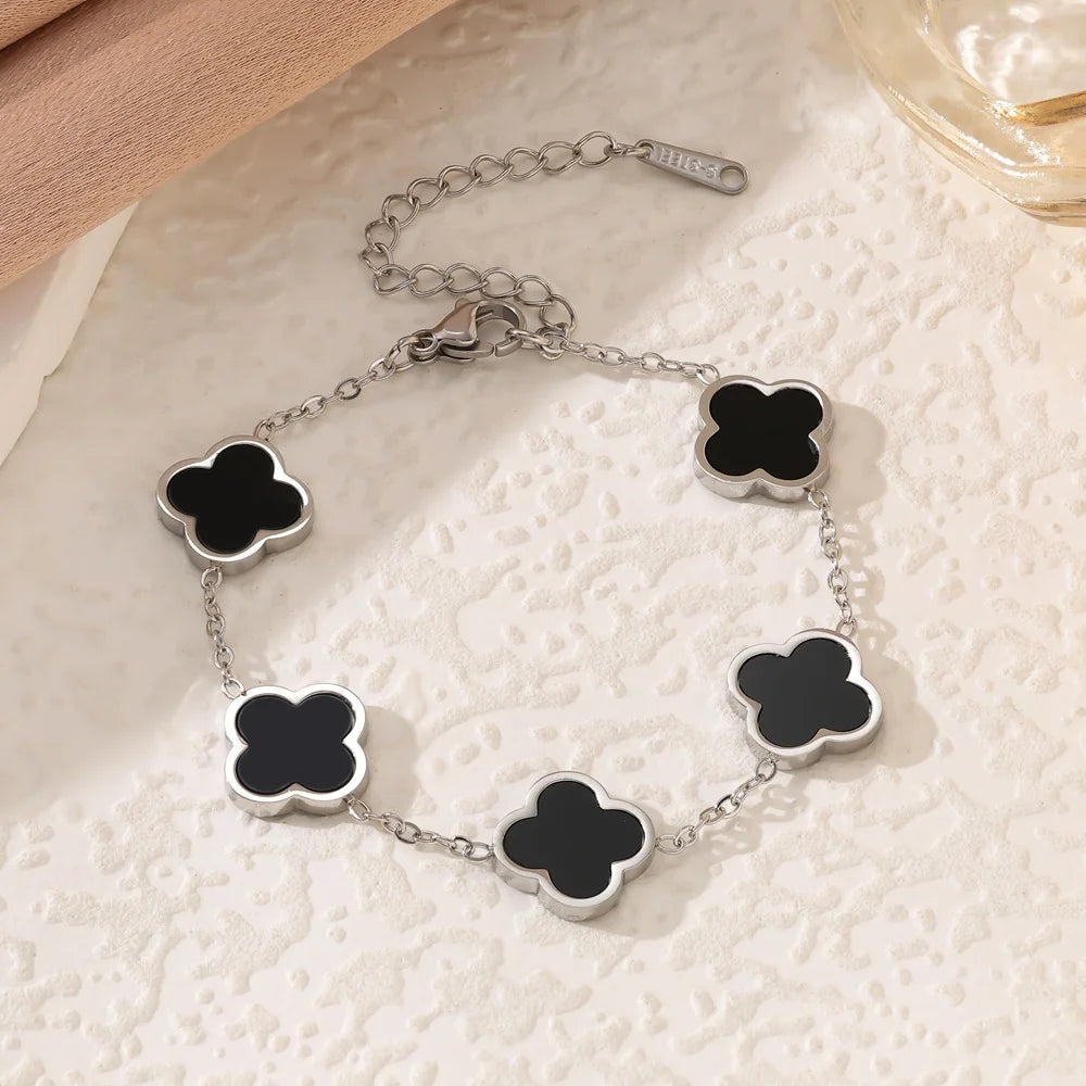 Four-Leaf Clover 18K Gold-Plated Stainless Steel Bracelet with Mother-of-Pearl, Non-Fading Women's Charm