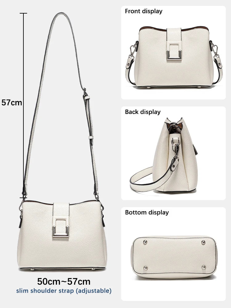 ZENCY Genuine Leather White Bucket Tote Shoulder Bag - Women's Designer Shopper Crossbody