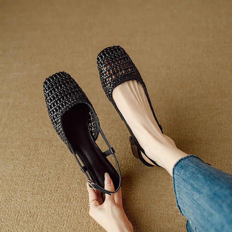 French Square-Toe Woven Mid-Heel Sandals for Women - PU Leather Square Block Heel 3-5 cm (1.2-2.0 in)