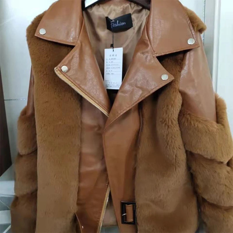 Women's Faux Fox Fur Short Jacket - PU Leather Motorcycle Coat, Warm Autumn Winter Luxury