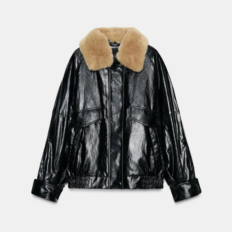 Women's Faux Fur Collar Padded Leather Jacket with Zipper Pockets - Warm Winter Coat