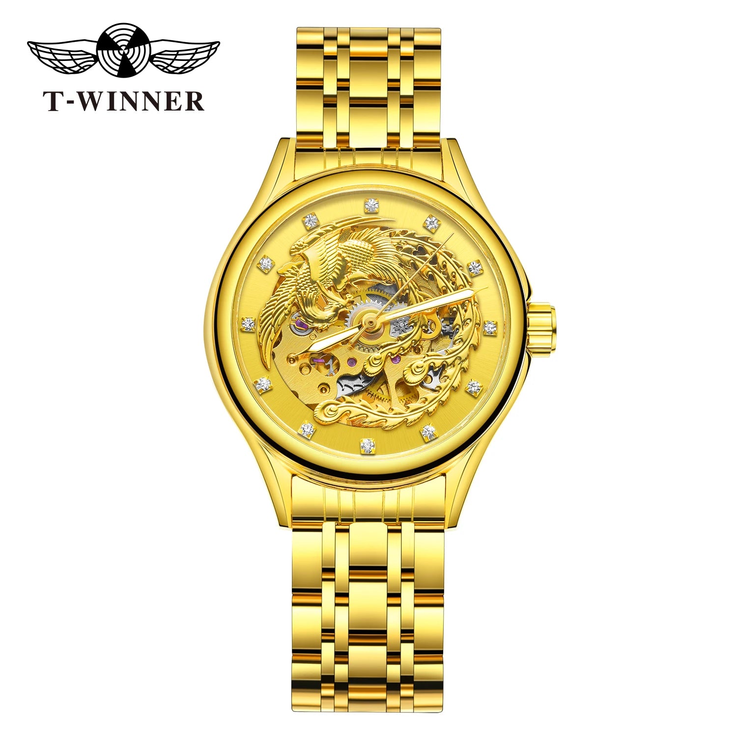 Golden Phoenix Skeleton Dial Automatic Women's Watch Stainless Steel Waterproof Luxury