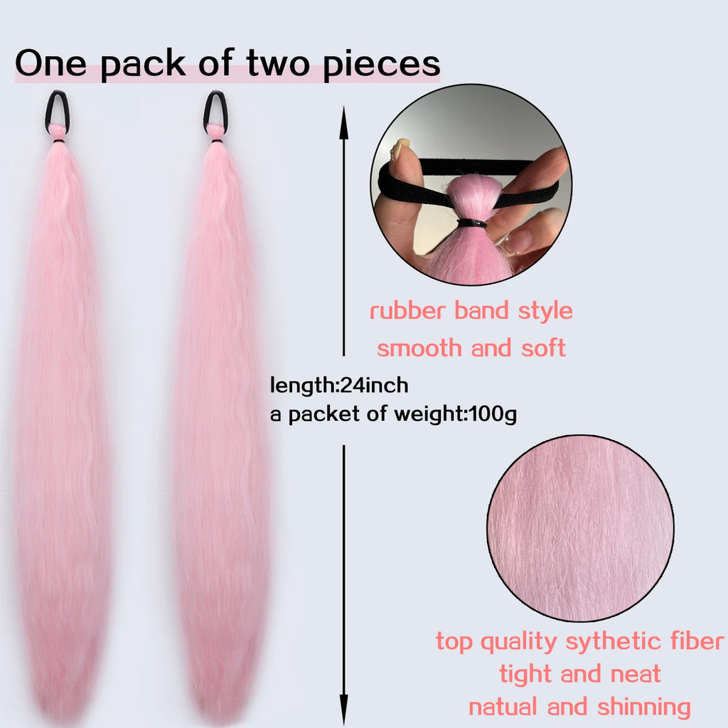 Braided Synthetic Ponytail Extension with Elastic Band – Long Kinky Straight High-Temp Hairpiece for Women & Girls (Pink Purple Blue)