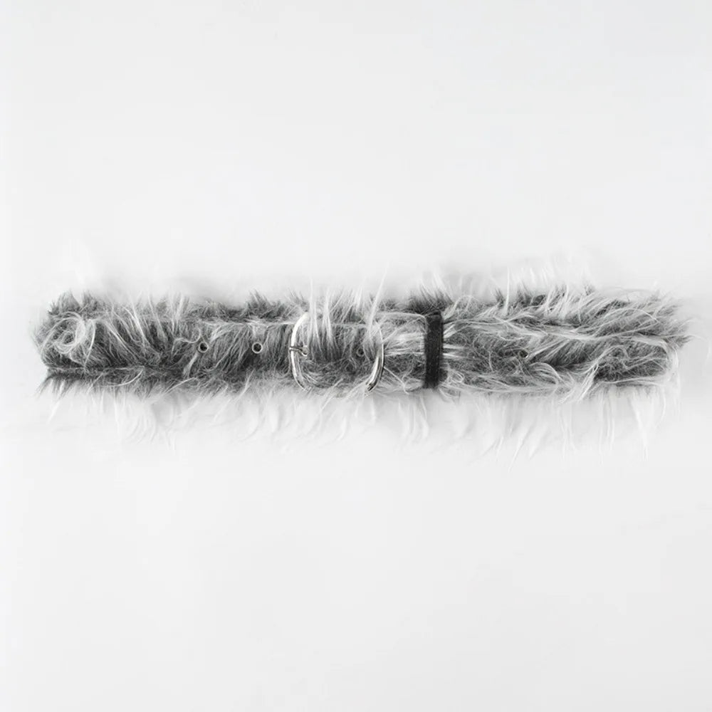 Y2K Gray Faux Fur Leather Waist Belt 41.34in (105cm) Furry Hip-Hop Jeans Waistband