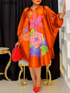 Plus Size 5XL Bohemian Floral Midi Dress V-Neck 3/4 Batwing Sleeve Loose Sundress
