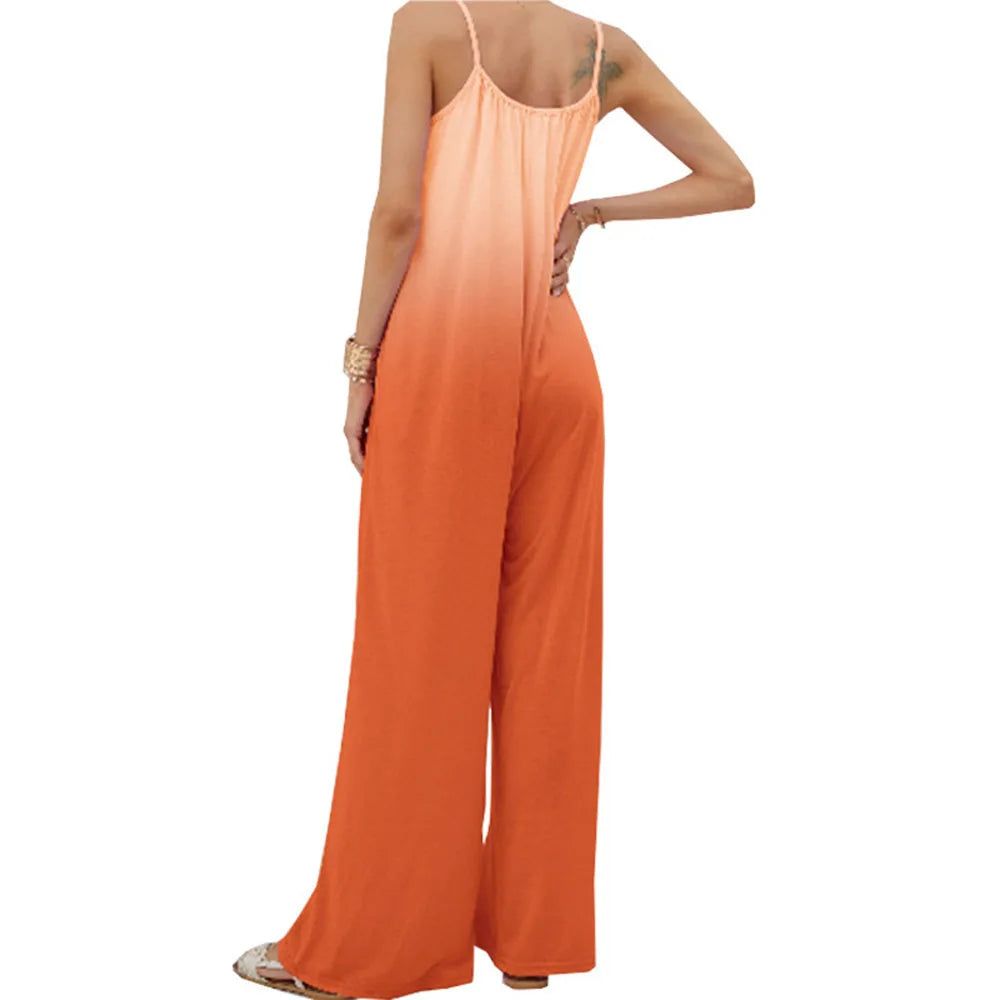 Women's Sleeveless Casual Jumpsuit, Summer Printed Knit Polyester-Cotton, English-Inspired