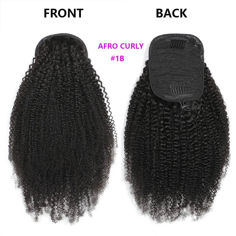 Afro Kinky Curly Drawstring Ponytail 10-24 Inch (25-61 cm) Brazilian Virgin Human Hair 4B/4C - Natural Black, 100g