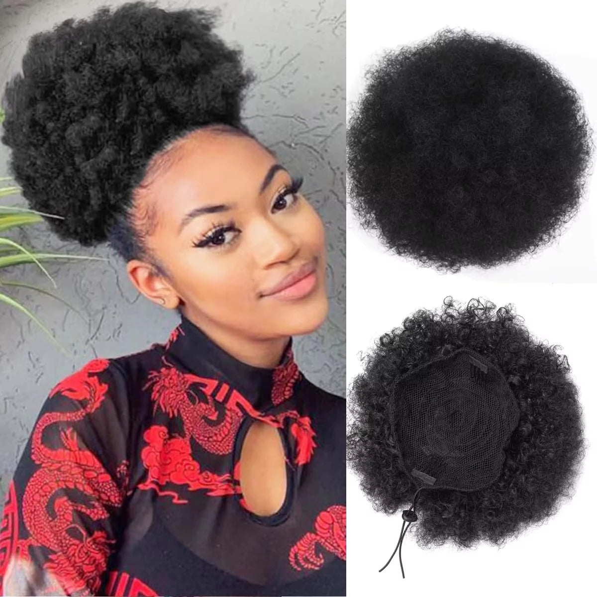 Large Afro Puff Clip-In Drawstring Ponytail - Heat-Resistant Synthetic Curly Hair Extension