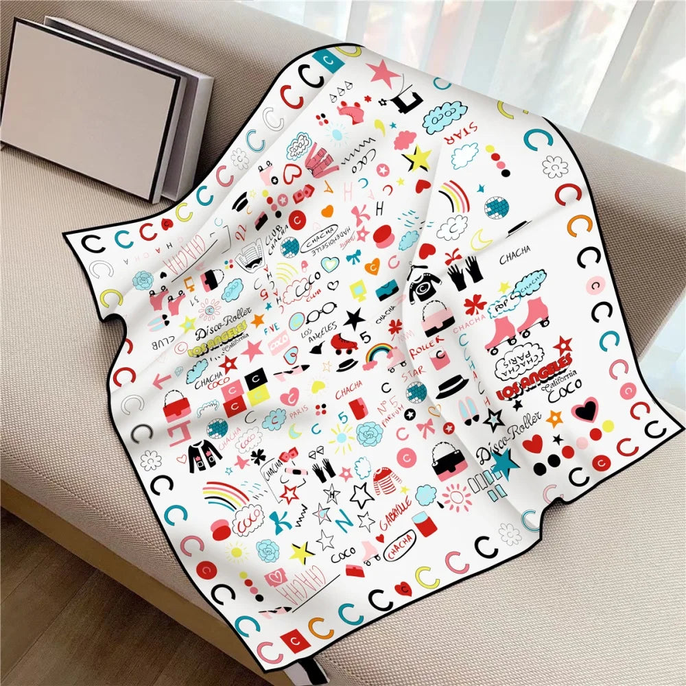 Twill Silk Square Scarf 90 x 90 cm (35.4 in) - Floral & Letter Print Women's Neck Kerchief Wrap