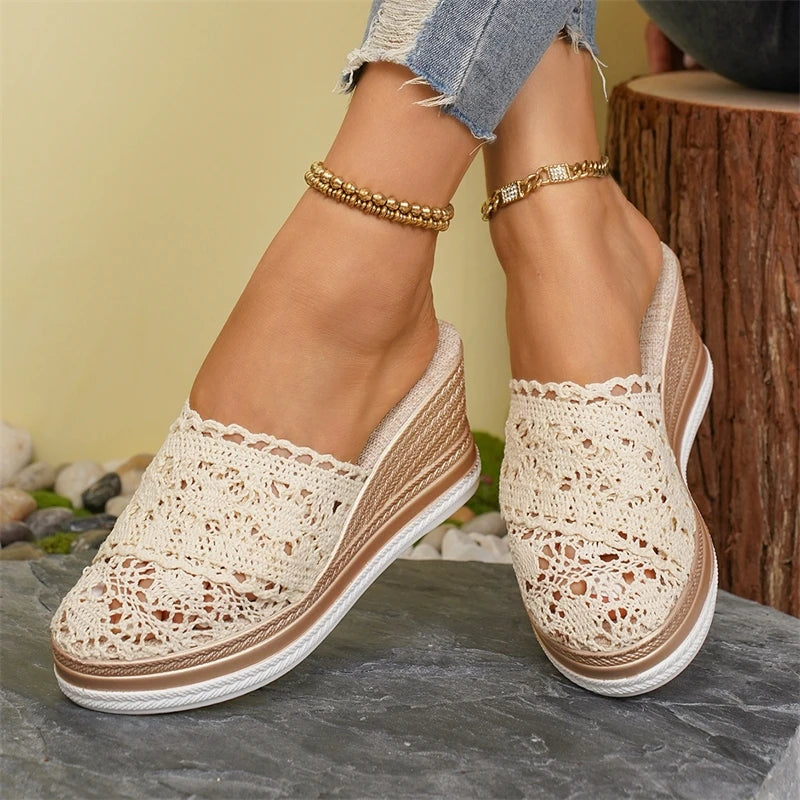 HAJINK Women's Lace Wedge Sandals – Breathable Summer Slide Heels, 5–8 cm (2–3 in) Heel, 3–5 cm (1.2–2 in) Platform