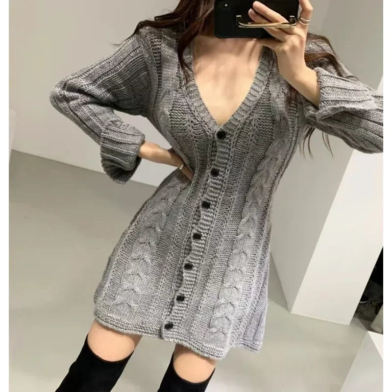 Knit V-Neck Twist Sweater Dress Long Sleeve A-Line Knee-Length Slim Fit (One Size) — Korean Casual Party