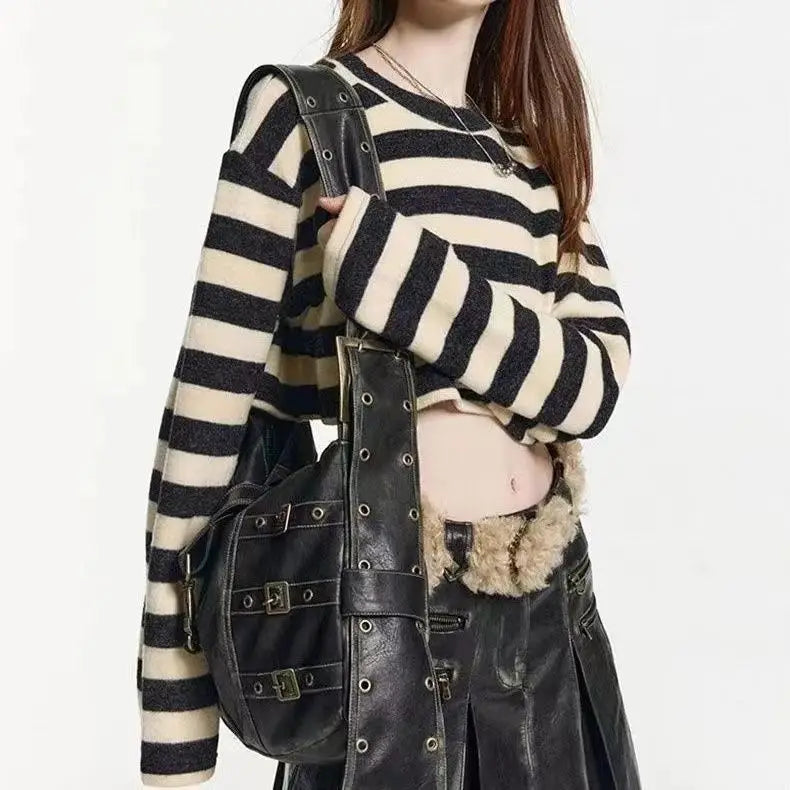 Retro Punk Distressed Leather-Look Tote Bag for Women - Large Capacity Harajuku Shoulder Bag