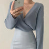 Black Irregular V-Neck Knit Sweater for Women – Korean Loose Fit Office Pullover (Autumn/Winter)