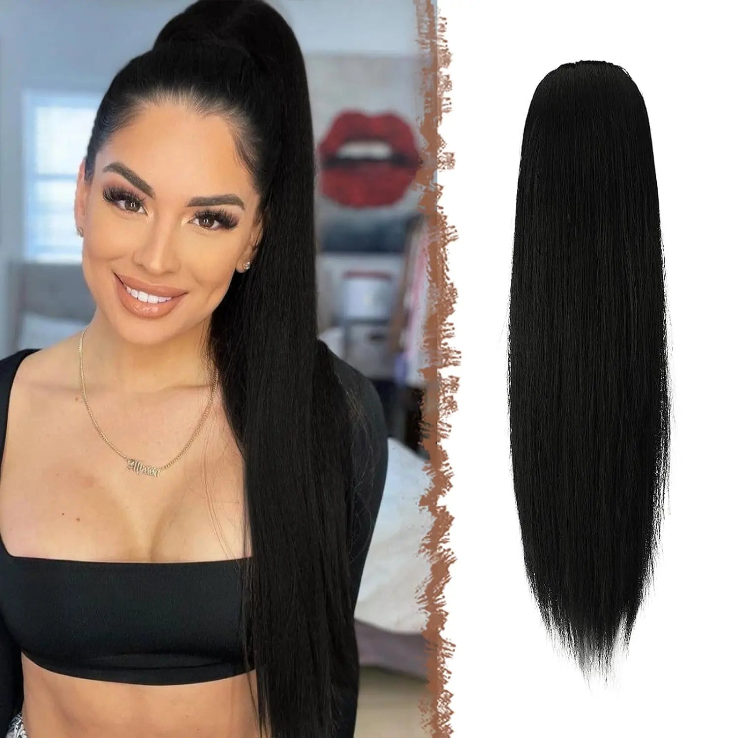 20 in (50 cm) Drawstring Clip-In Ponytail Extension Long Straight Heat-Resistant Synthetic Hairpiece for Women