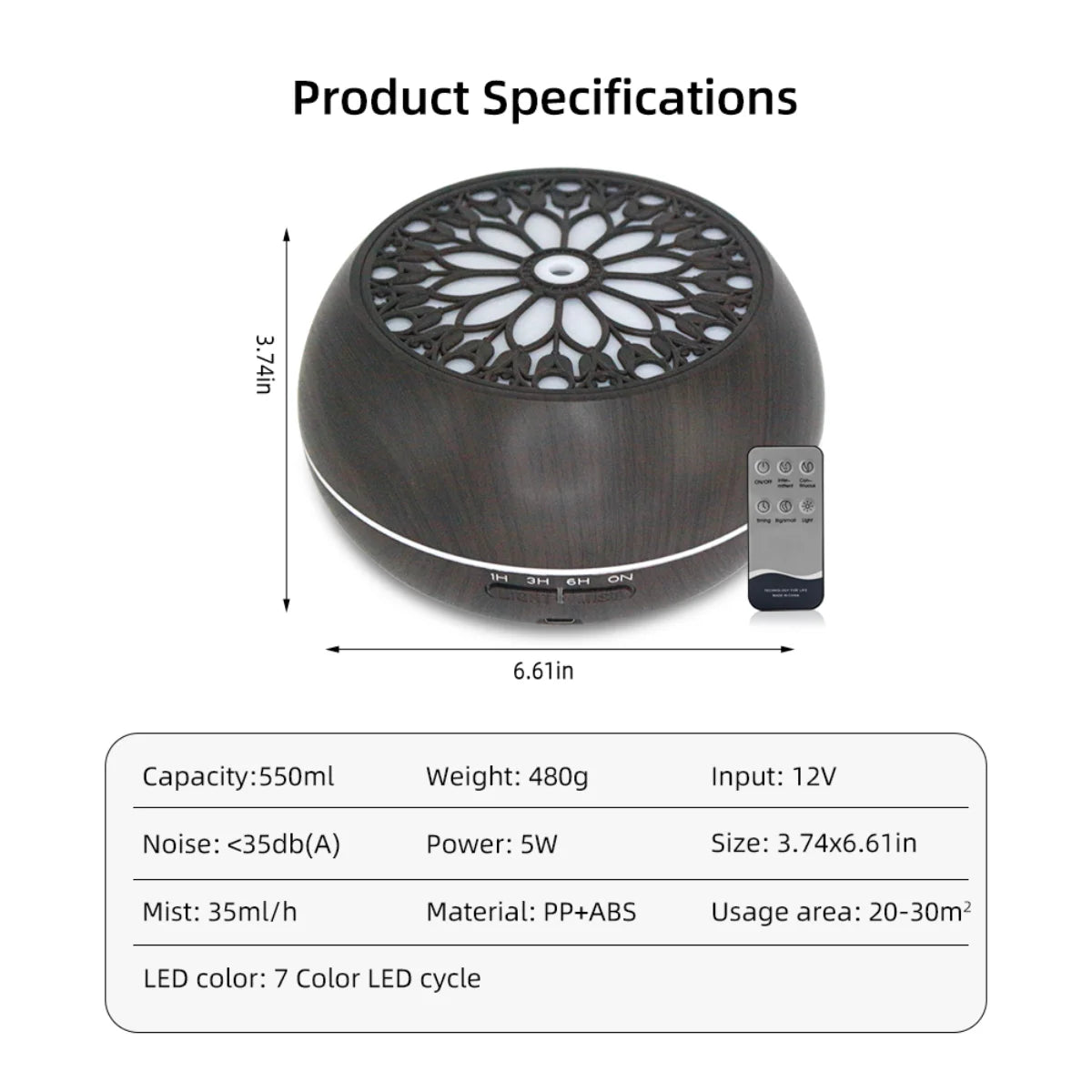 550ml (18.6 fl oz) Essential Oil Diffuser Humidifier for Large Room, Remote Control, 6 Oil Blends, Auto Shut-Off, 7-Color LED