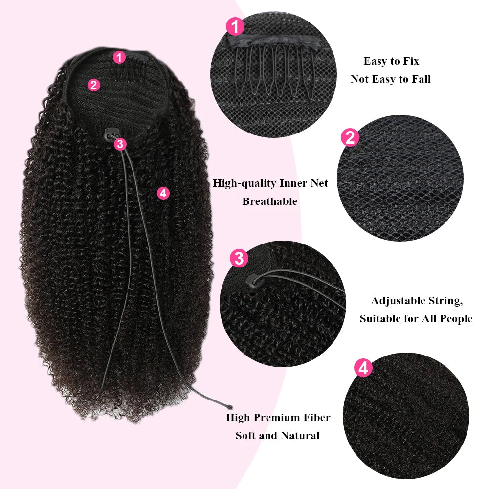 Alibele Afro Kinky Curly Clip-In Drawstring Ponytail Remy Mongolian Human Hair Extensions