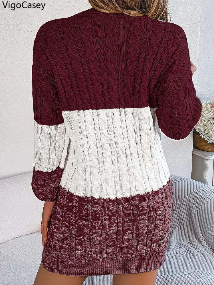 VigoCasey Patchwork Knit O‑Neck Ankle‑Length Long Sleeve Slim Dress for Women – Autumn/Winter Knit Dress