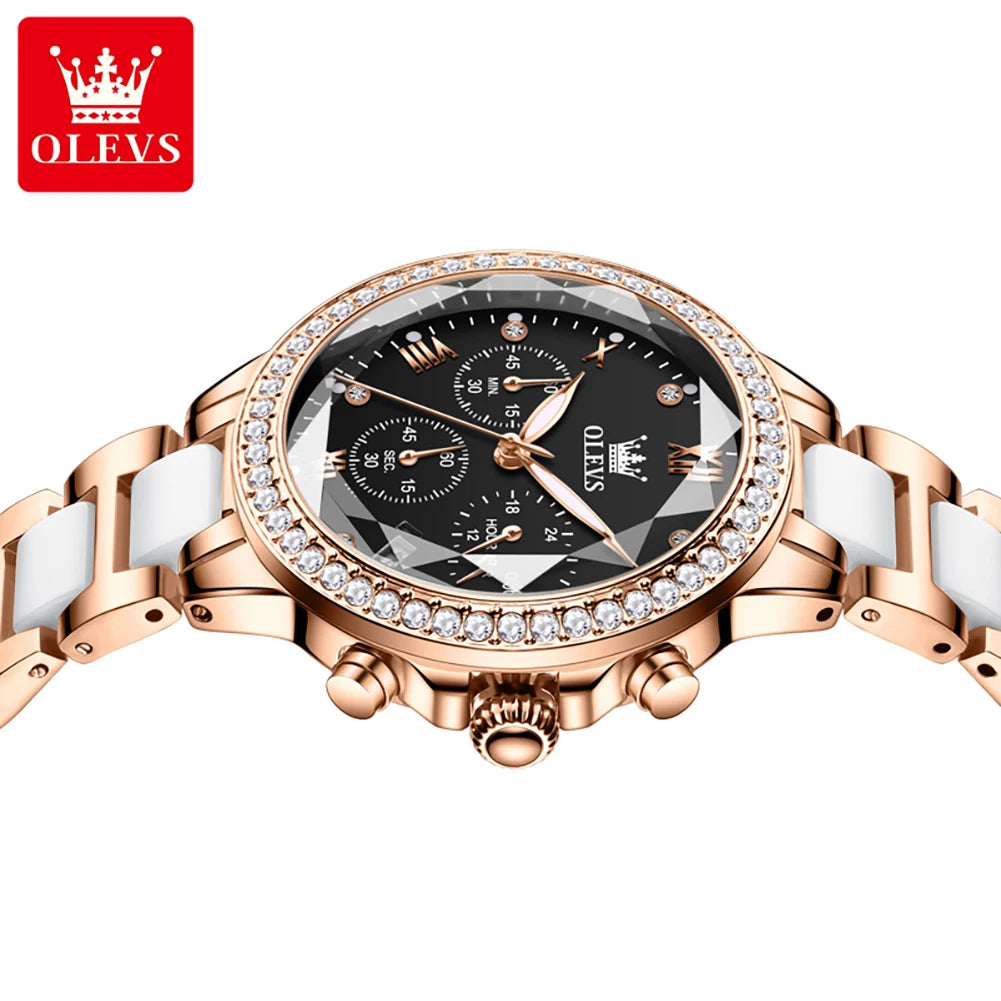 OLEVS Women's Ceramic 35mm Quartz Chronograph Watch - Waterproof Luminous Date Elegant Dress Wristwatch