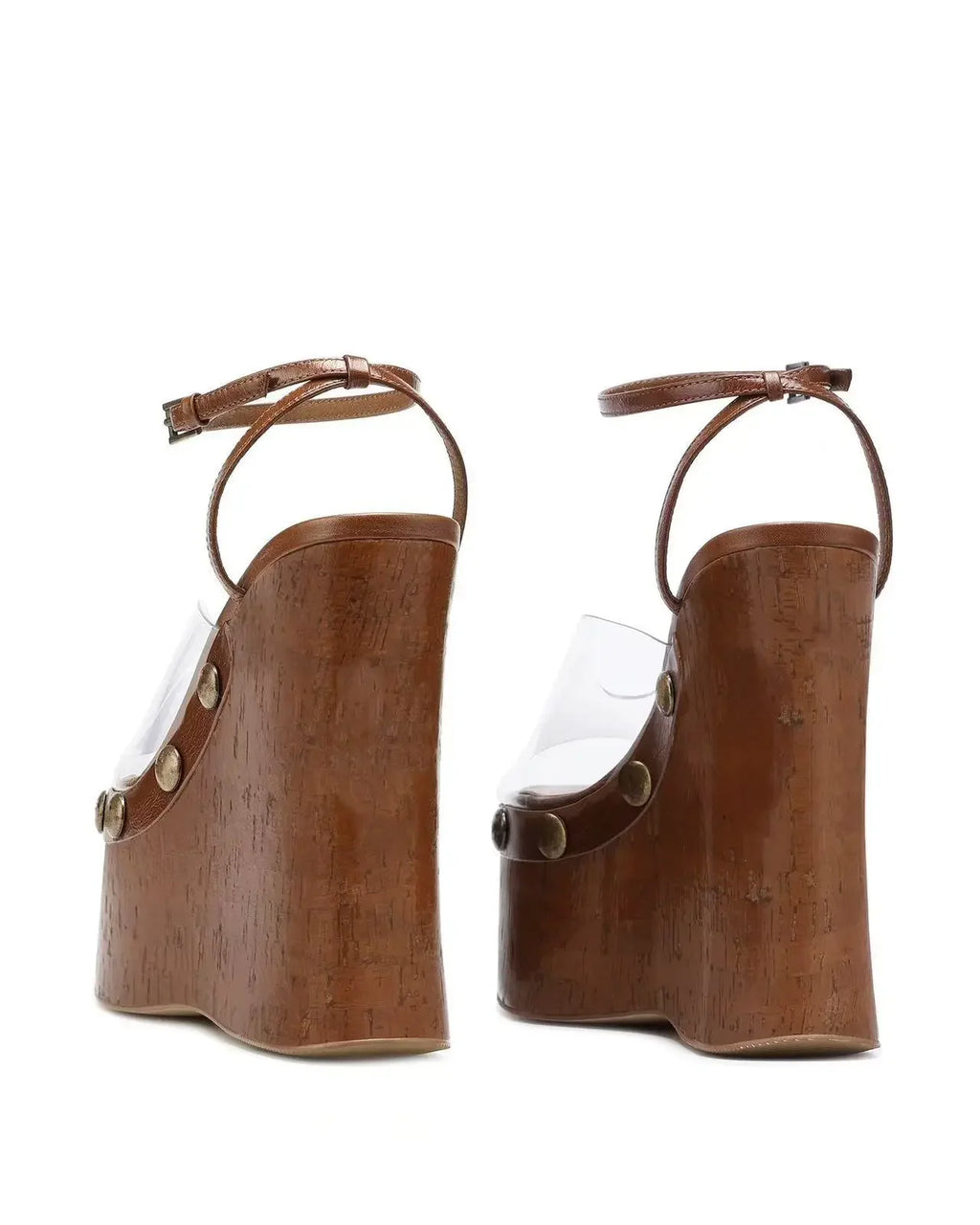 Women's Woodgrain Chunky Sandals – Square Block Heel 14 cm (5.5 in), Waterproof, Rivet & Rhinestone Accents, Metal Buckle