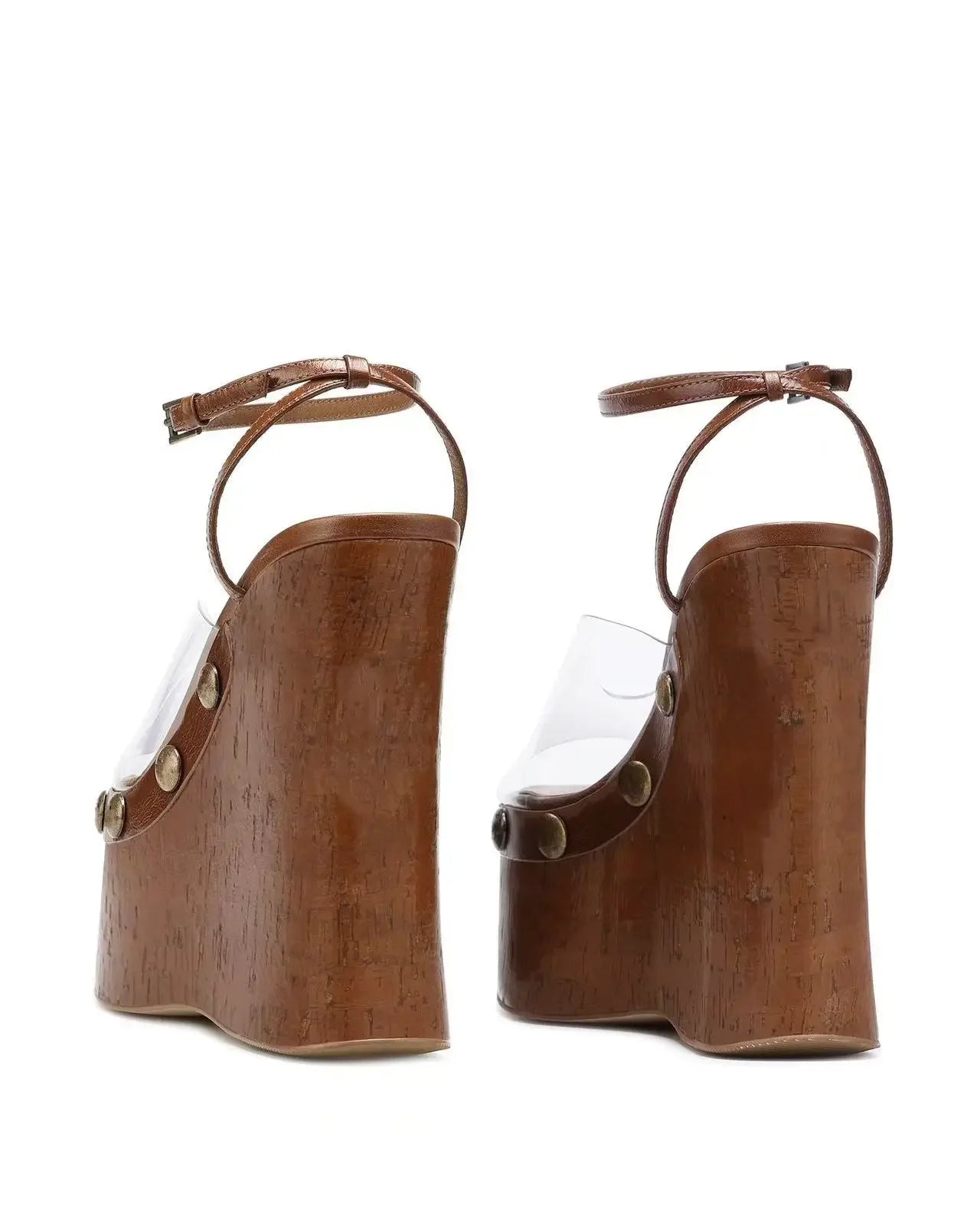 Women's Woodgrain Chunky Sandals – Square Block Heel 14 cm (5.5 in), Waterproof, Rivet & Rhinestone Accents, Metal Buckle